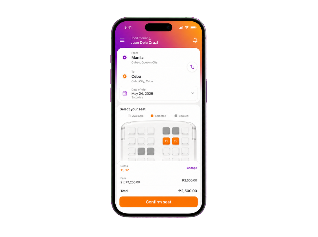 Booking form with origin, destination, date, and seat confirmation