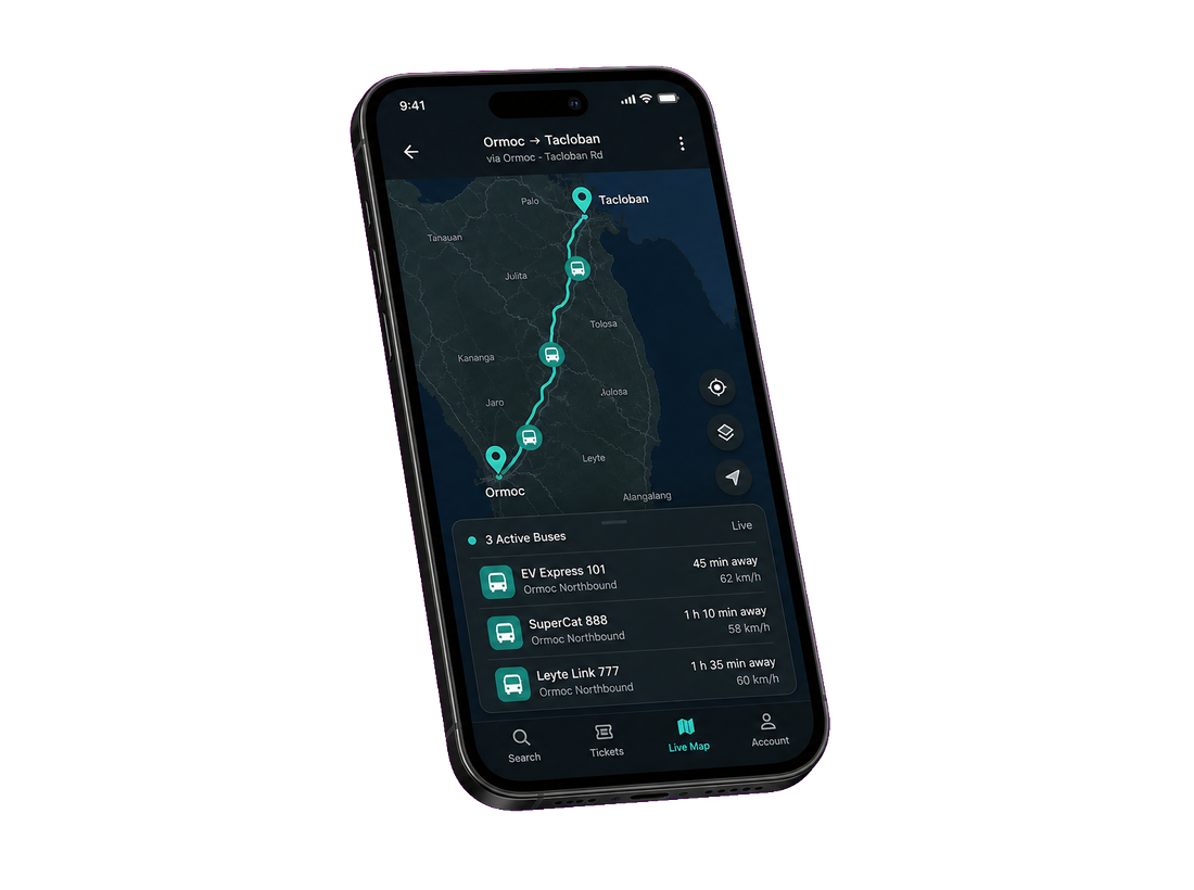 Live map on a phone showing partner bus markers across the Philippines