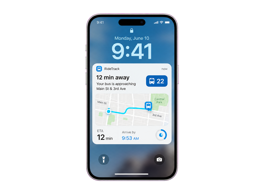 ETA notification card showing a bus approaching the passenger stop